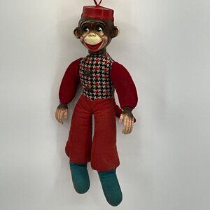 Vintage 1940s Bellhop Monkey Plush Toy Red Corduroy
